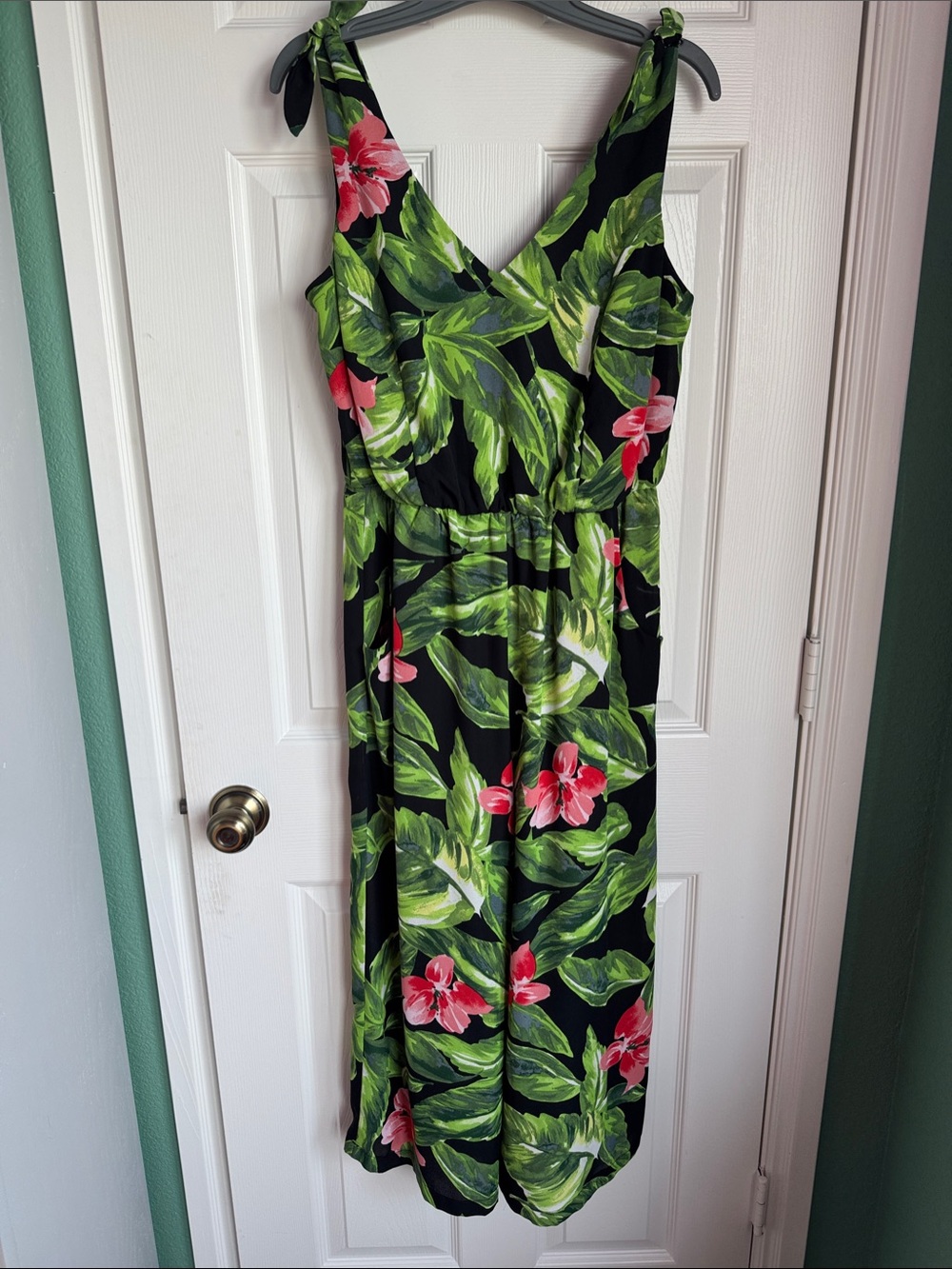 Tropical Floral wide leg Romper with pockets  in Black with Green & red  Motif